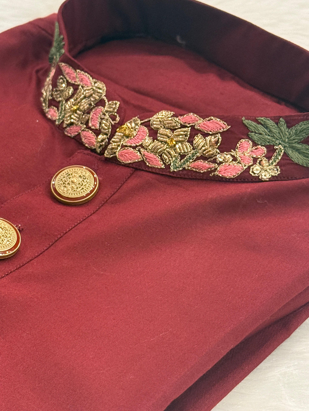 Royal Maroon Embroidered Panjabi with Premium Gold Buttons