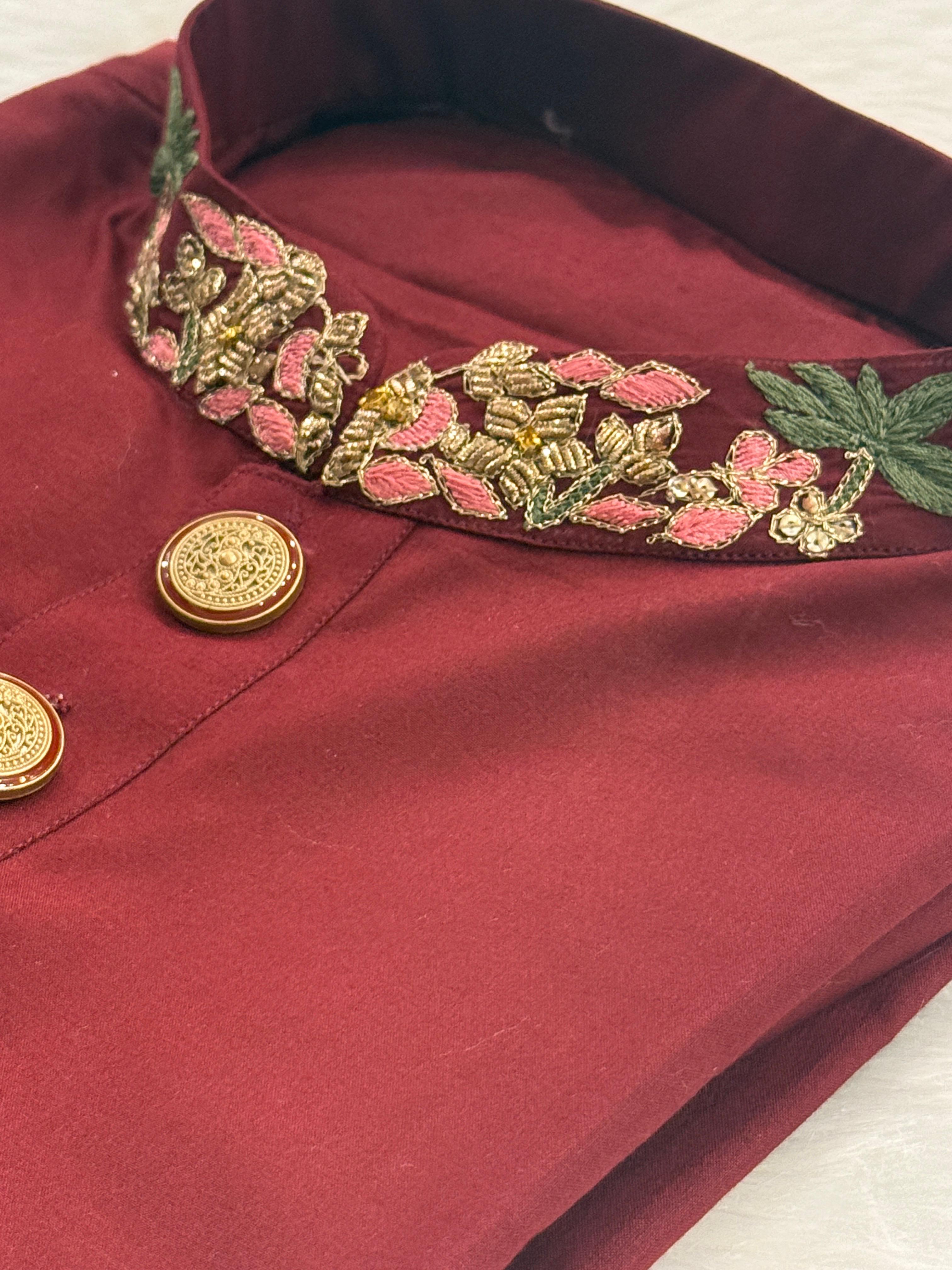 Royal Maroon Embroidered Panjabi with Premium Gold Buttons