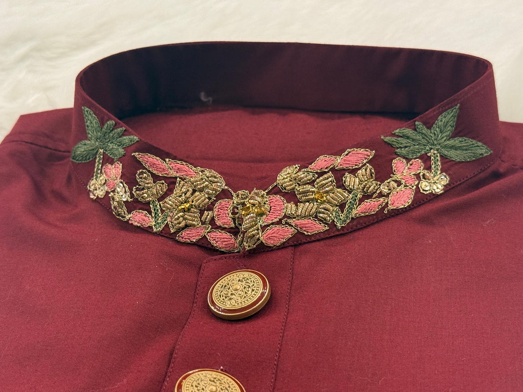 Royal Maroon Embroidered Panjabi with Premium Gold Buttons