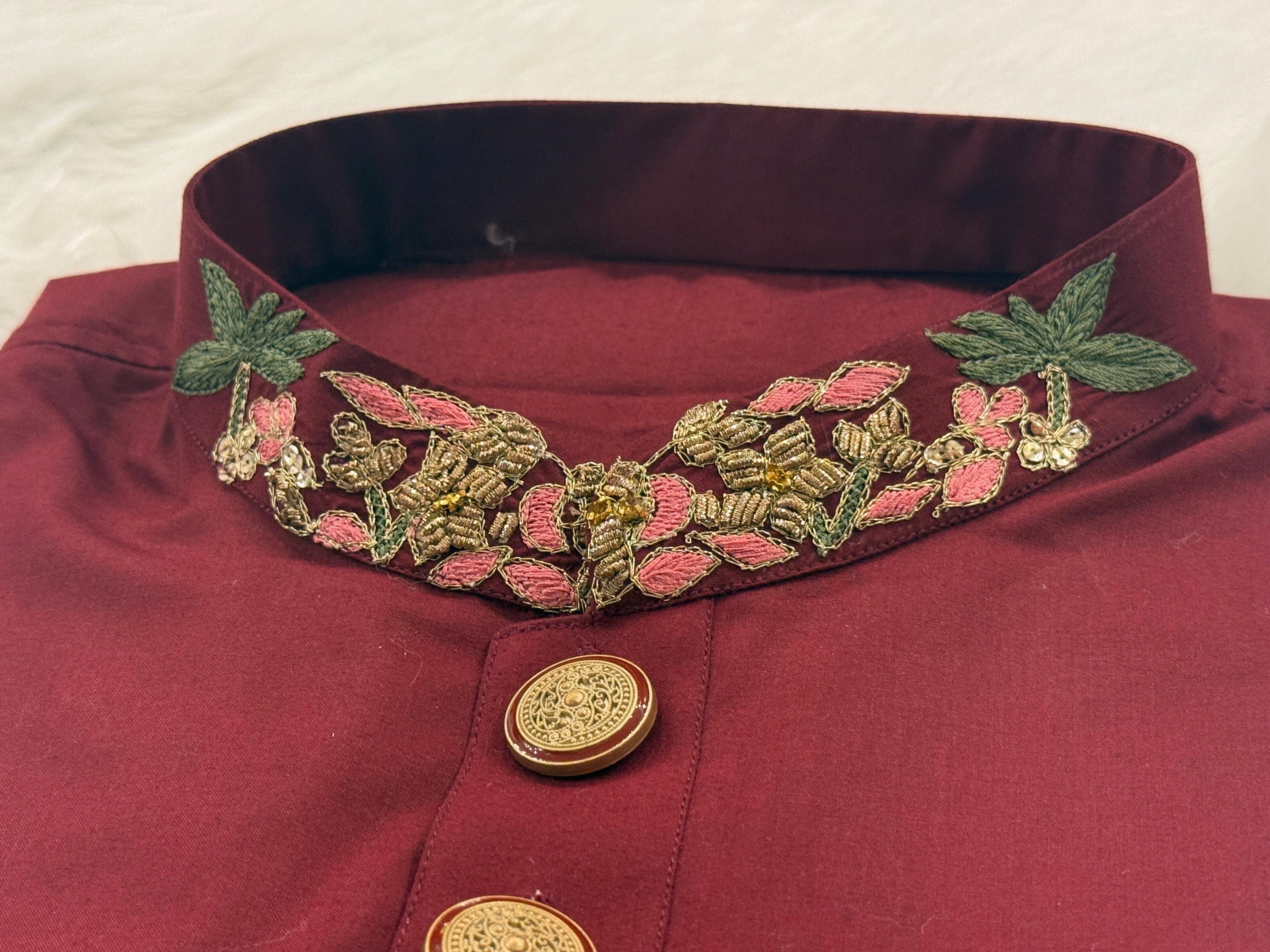 Royal Maroon Embroidered Panjabi with Premium Gold Buttons