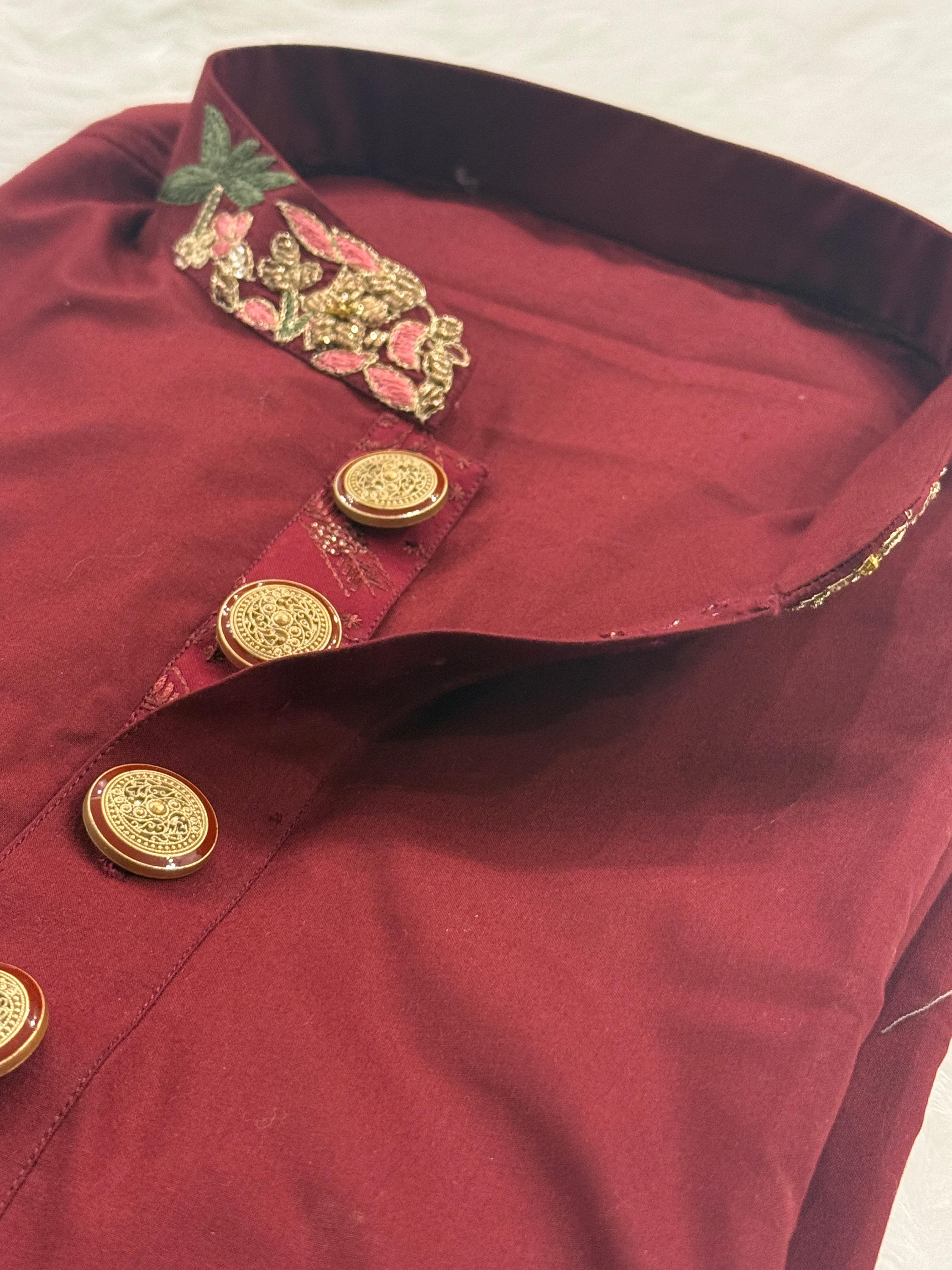 Royal Maroon Embroidered Panjabi with Premium Gold Buttons