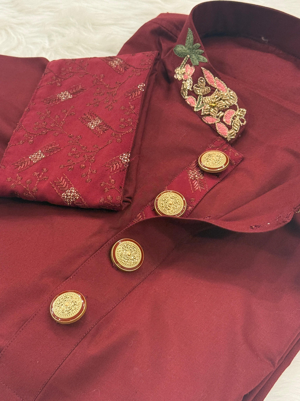 Royal Maroon Embroidered Panjabi with Premium Gold Buttons