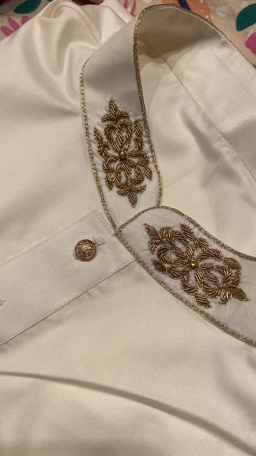 Classic White Panjabi with Golden Embroidered Collar