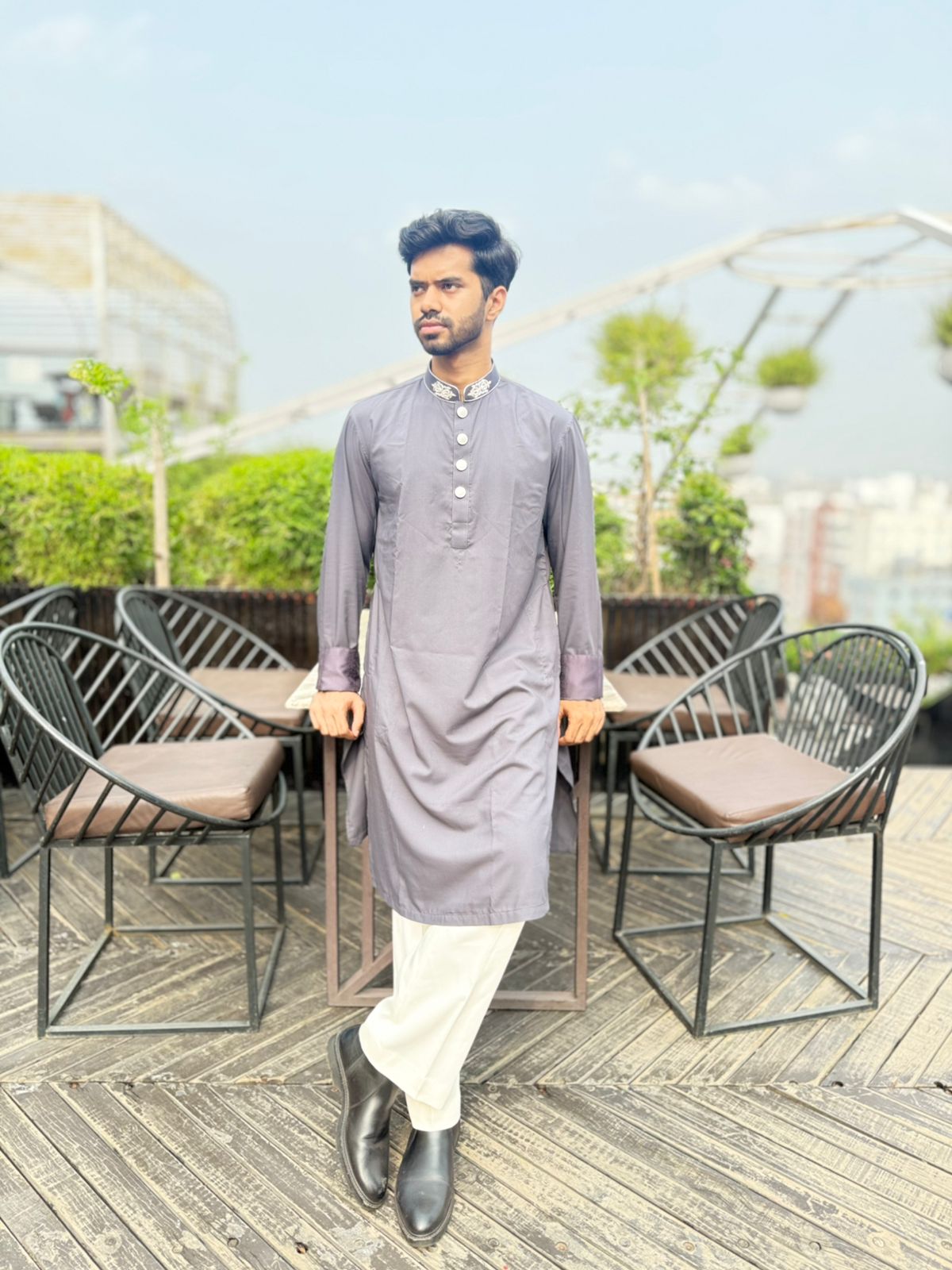 Elegant Grey Panjabi with Silver Embroidered Collar