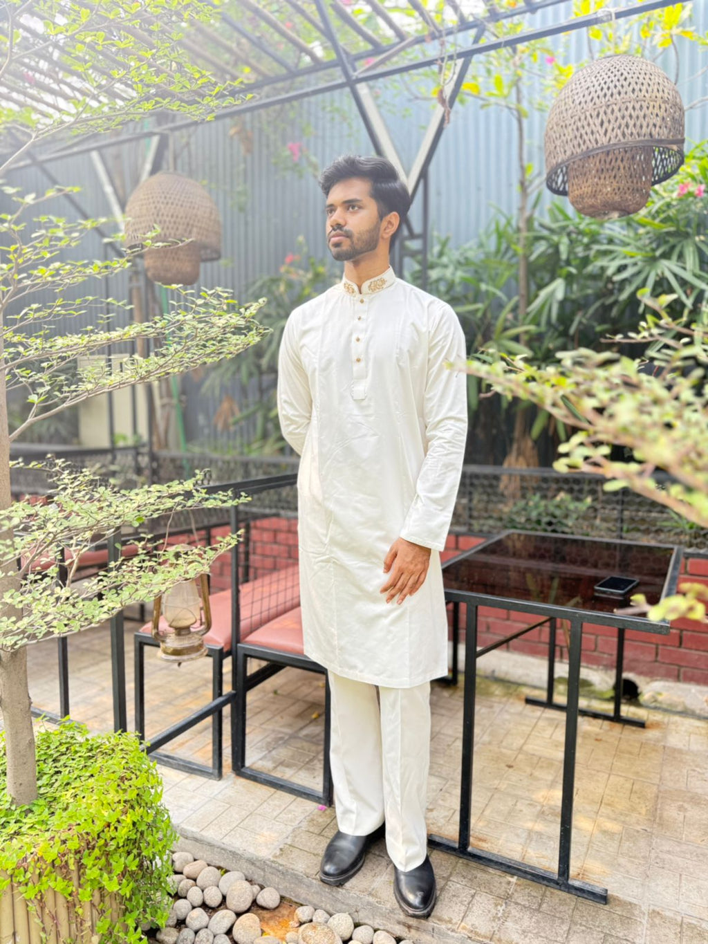 Classic White Panjabi with Golden Embroidered Collar