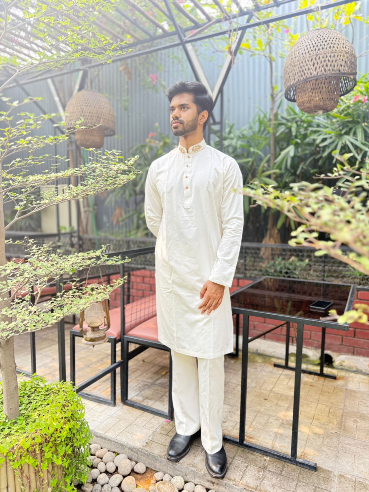 Classic White Panjabi with Golden Embroidered Collar