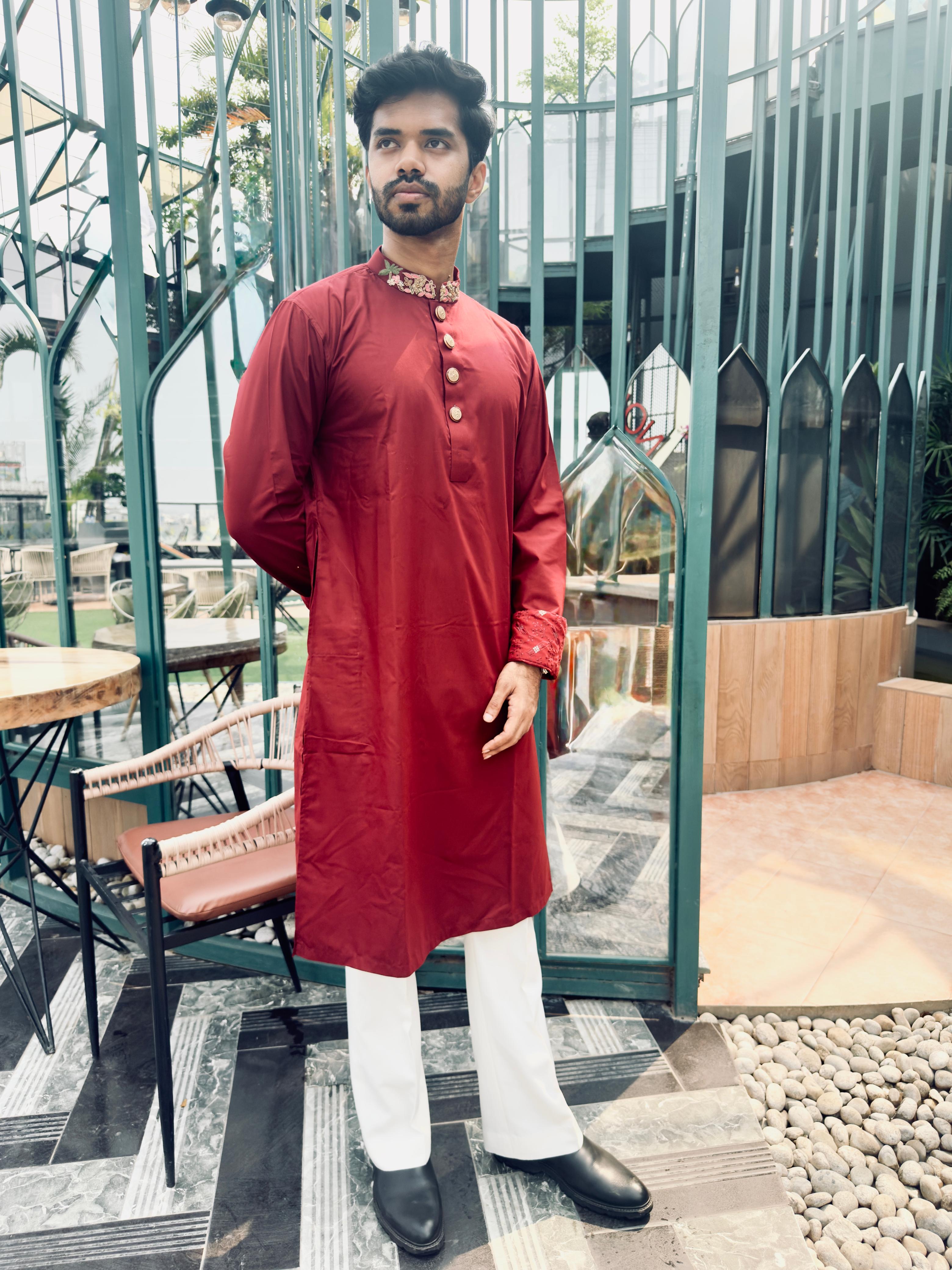 Royal Maroon Embroidered Panjabi with Premium Gold Buttons