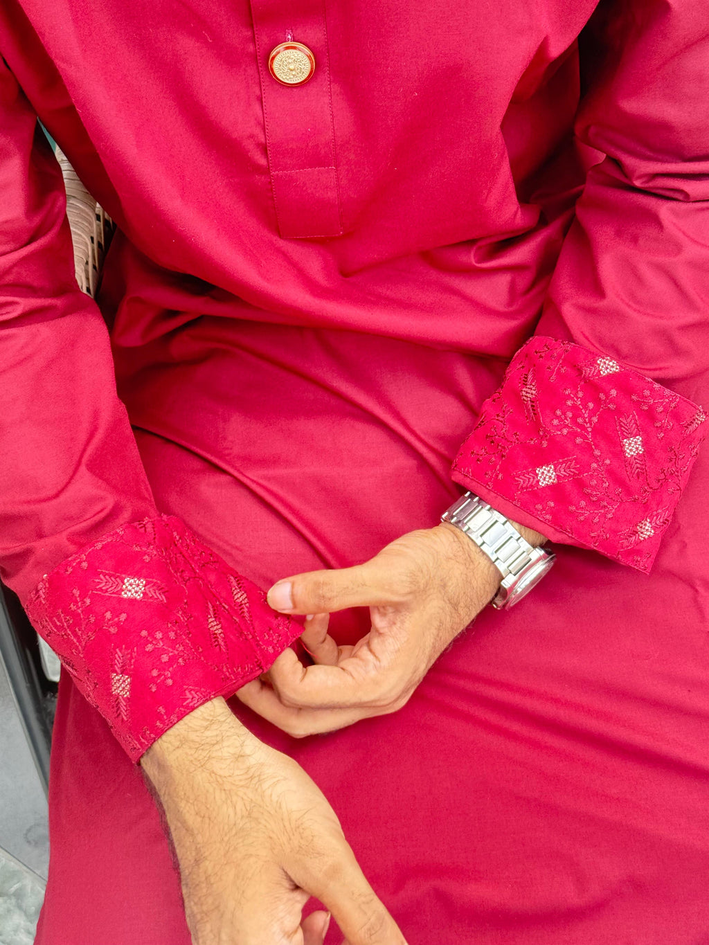 Royal Maroon Embroidered Panjabi with Premium Gold Buttons