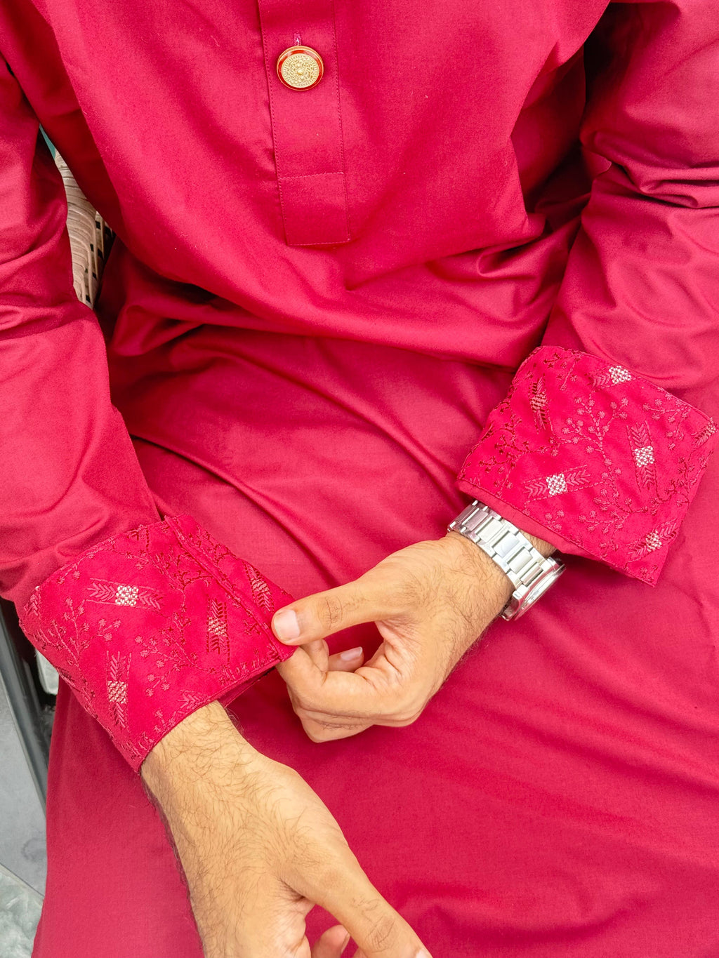 Royal Maroon Embroidered Panjabi with Premium Gold Buttons