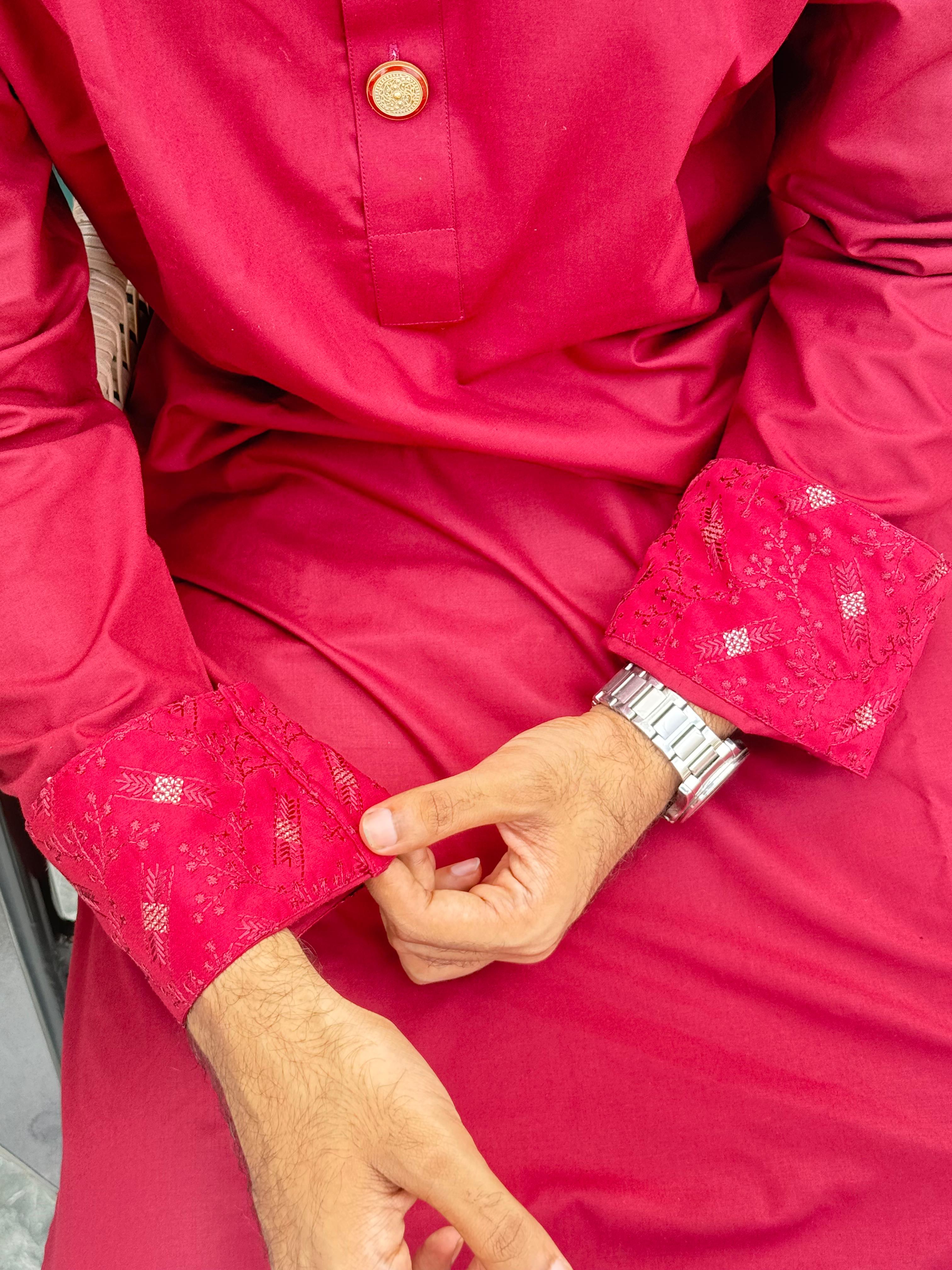 Royal Maroon Embroidered Panjabi with Premium Gold Buttons