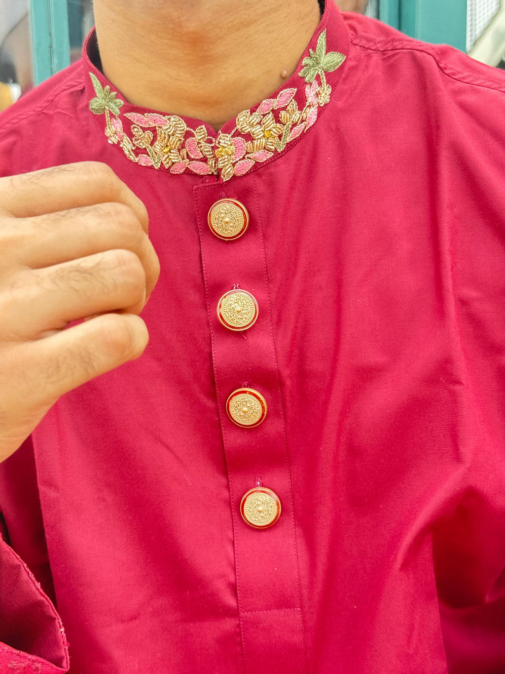 Royal Maroon Embroidered Panjabi with Premium Gold Buttons