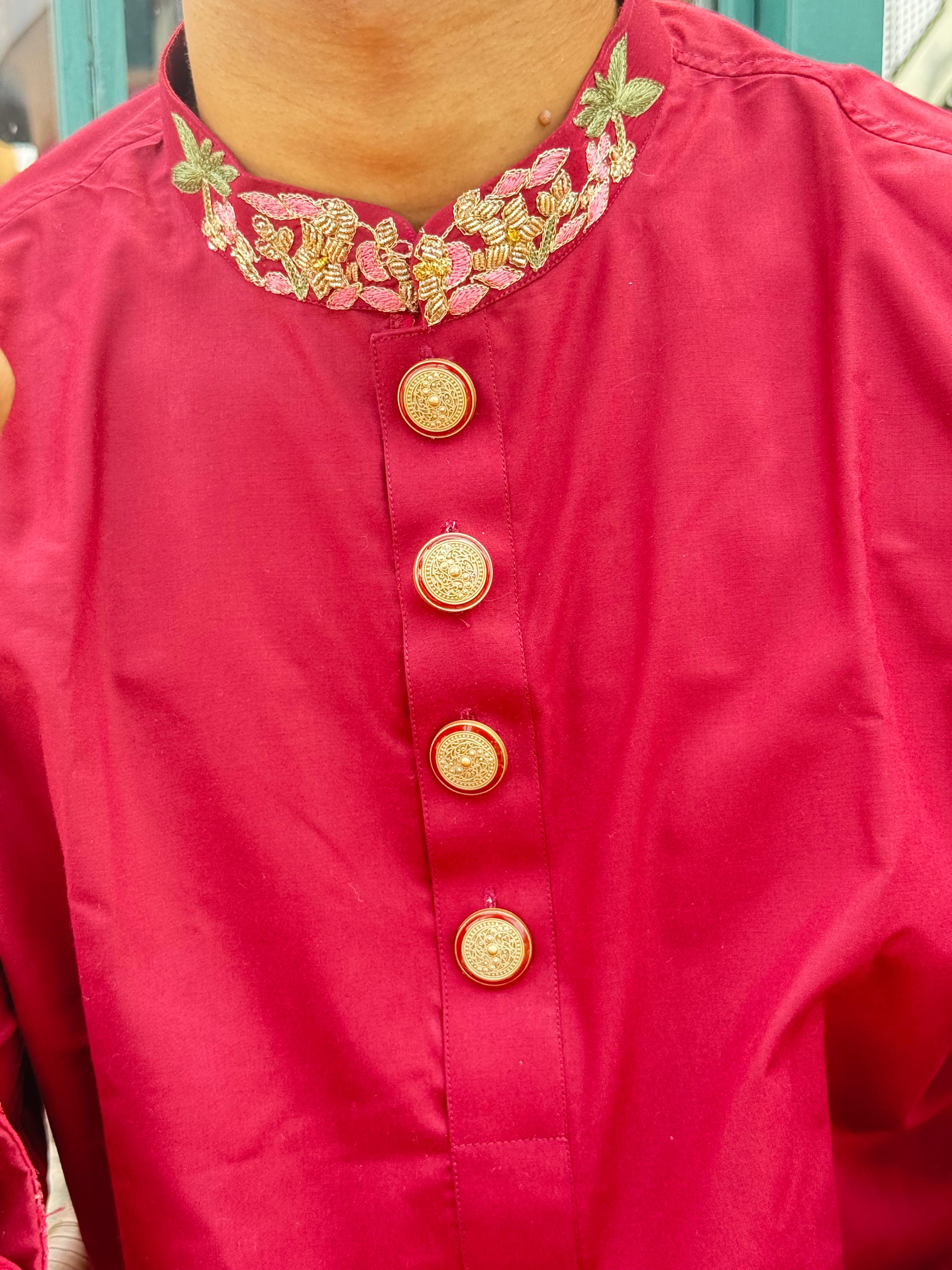 Royal Maroon Embroidered Panjabi with Premium Gold Buttons