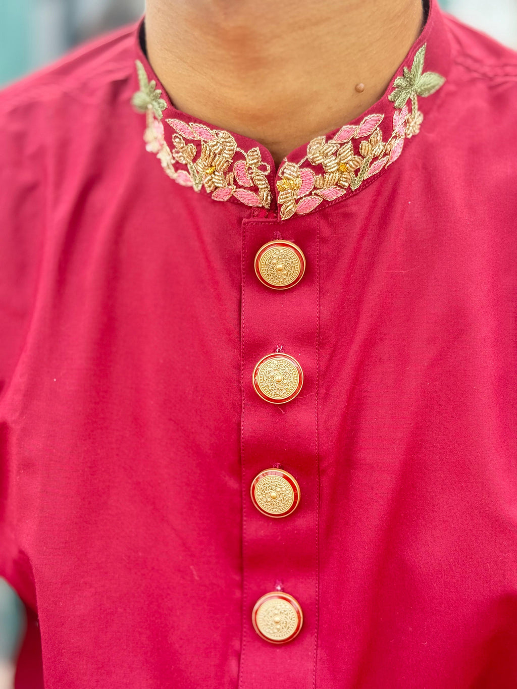 Royal Maroon Embroidered Panjabi with Premium Gold Buttons