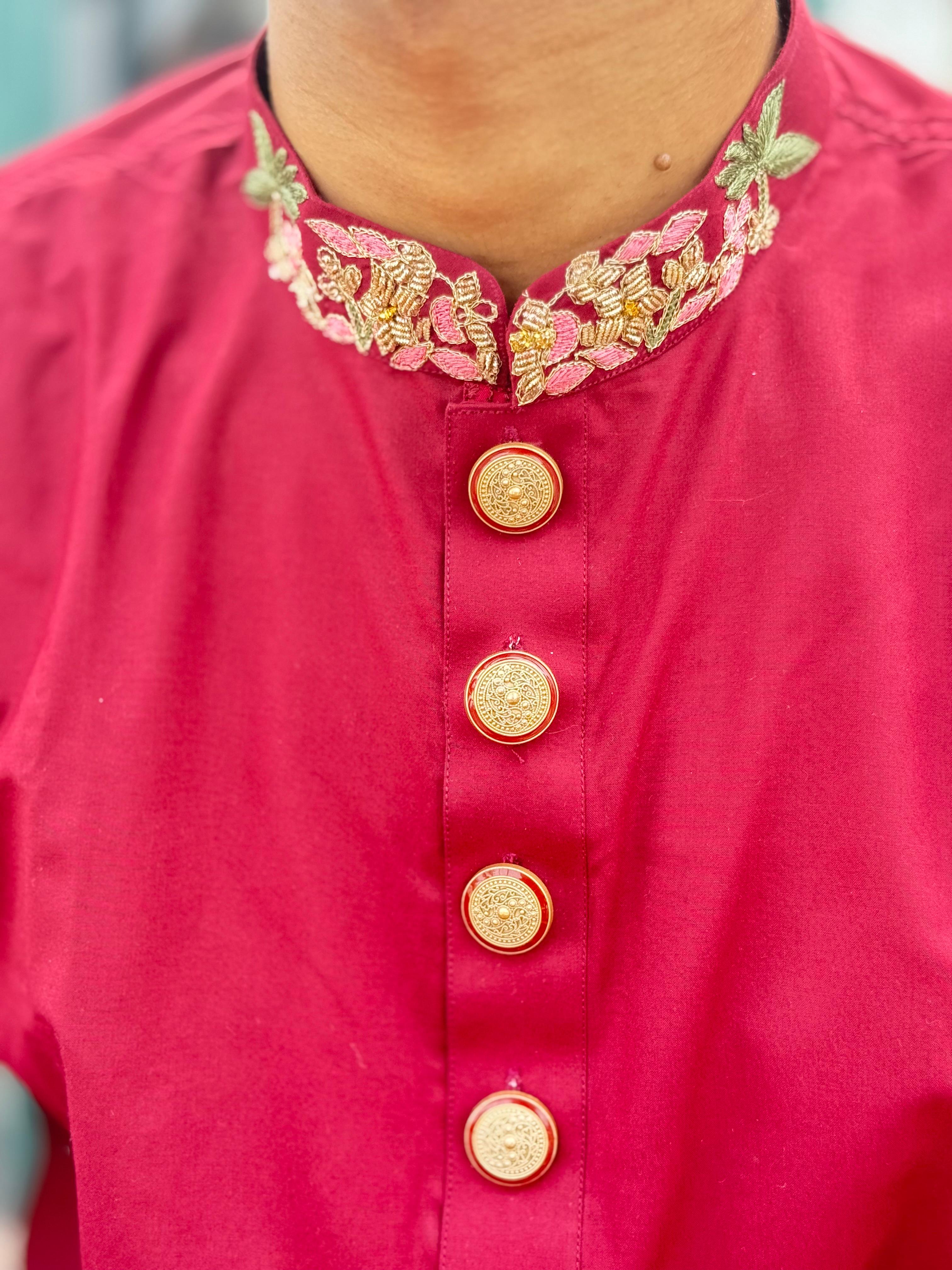Royal Maroon Embroidered Panjabi with Premium Gold Buttons