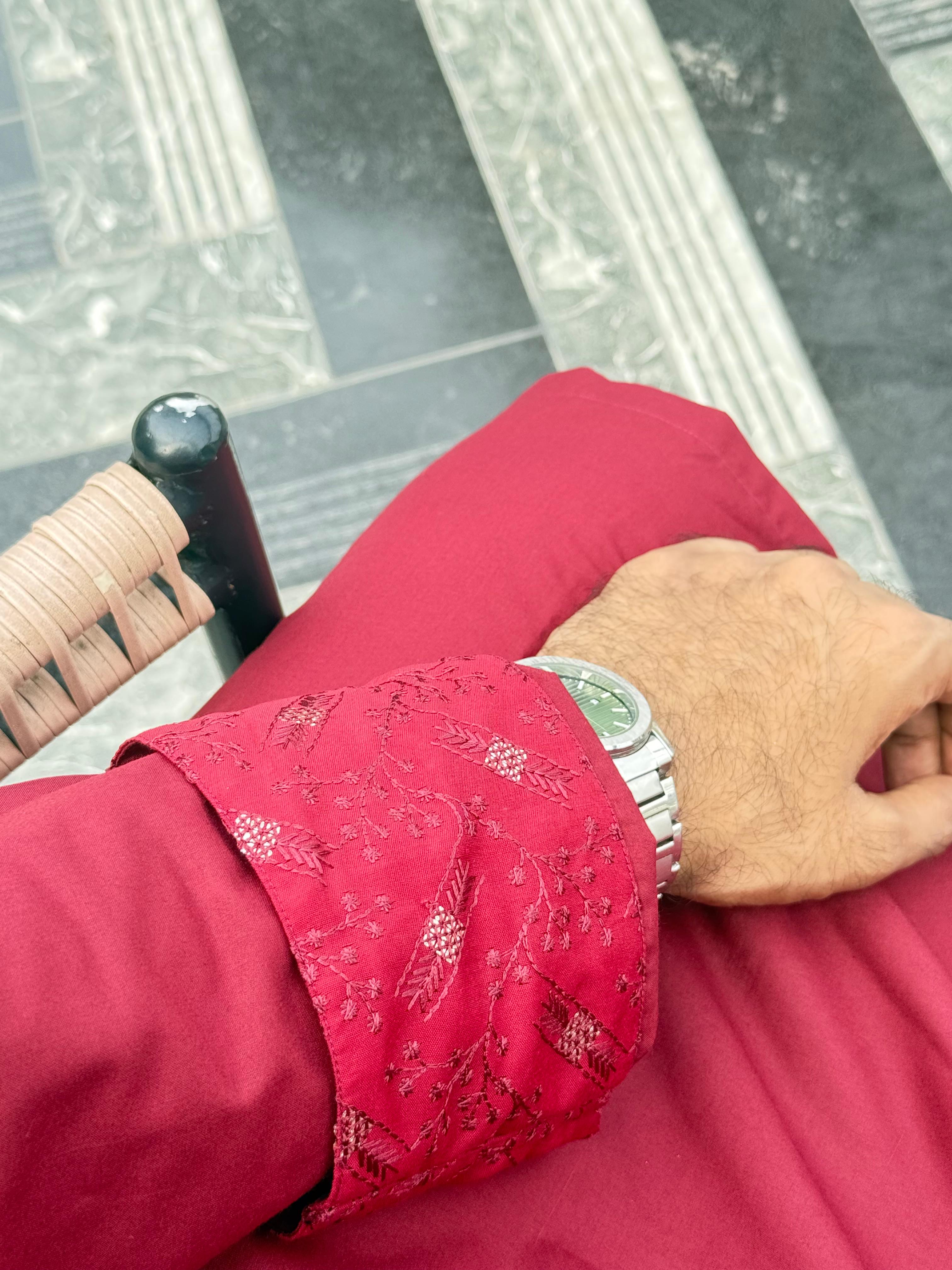 Royal Maroon Embroidered Panjabi with Premium Gold Buttons
