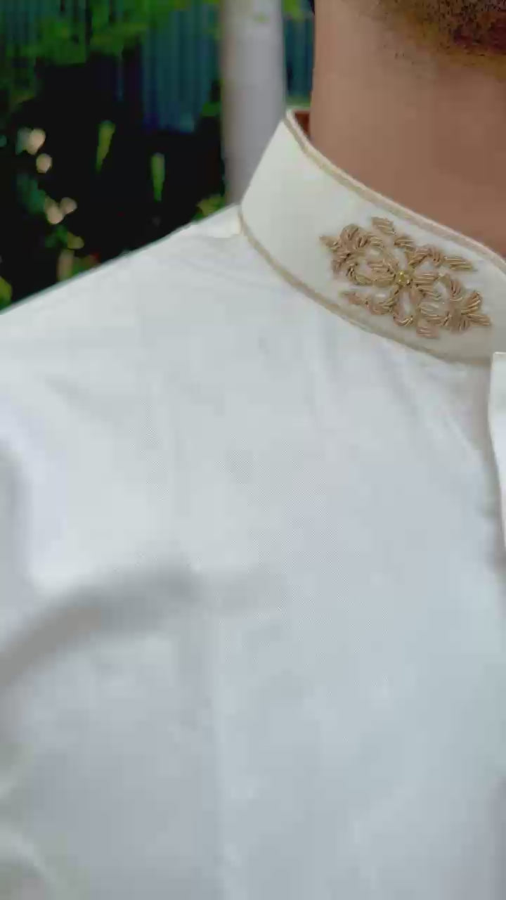 Classic White Panjabi with Golden Embroidered Collar